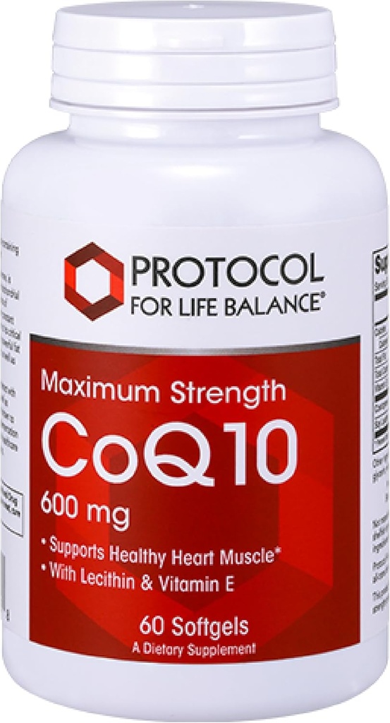 PROTOCOL FOR LIFE BALANCE CoQ10 600 mg - Vitamin E & Soy Lecithin - CoQ10 Supplement - Halal & Egg Free - 60 Softgels