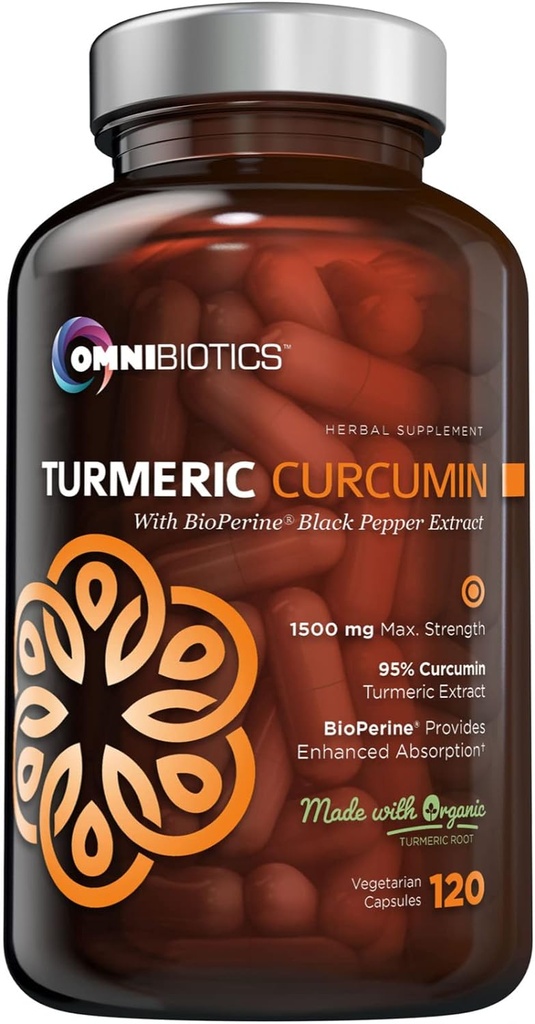 OmniBiotics Organik Turmeric Curcumin Supplement with Black Pepper Extract – 1500 mg Turmeric with 95 Curcuminoids & BioPerine, High Abors for Common Support – 120 Vegan Capsules