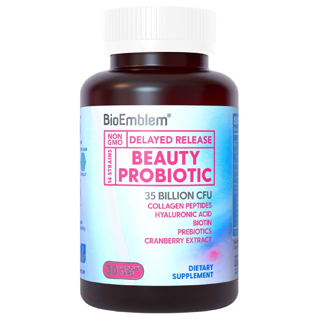 Kadınlar için BioEmblem Güzellik Probiyotikleri, 35 Milyar CFU 14 Strains with Biotin, Collagen, Prebiyotiks for Digestive Health, Hair Skin and Nails, Vaginal Probiyotiks Supplement, Raf Stable, 30 Caps
