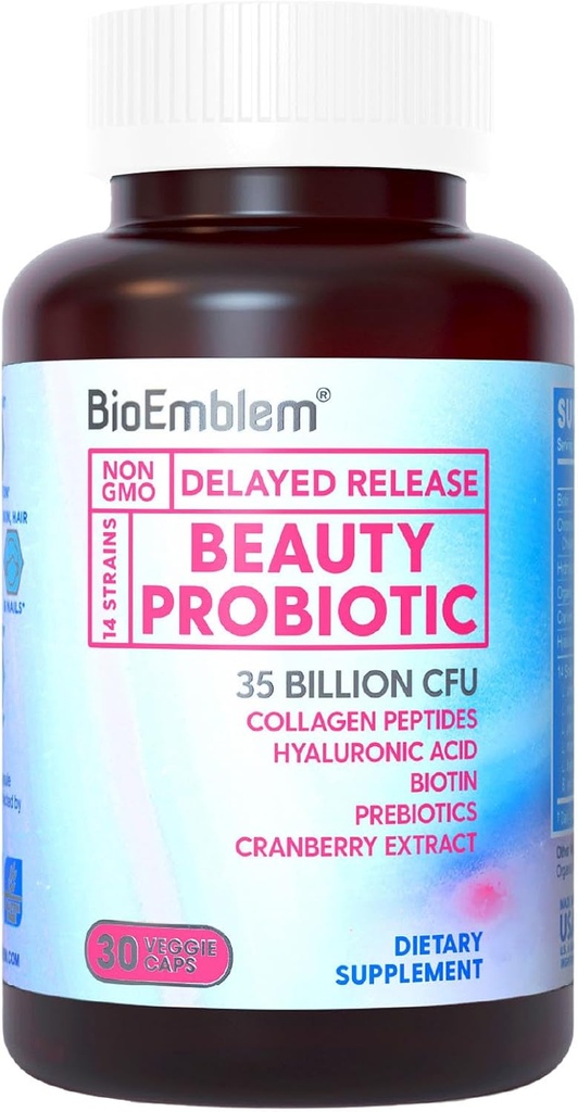 Kadınlar için BioEmblem Güzellik Probiyotikleri, 35 Milyar CFU 14 Strains with Biotin, Collagen, Prebiyotiks for Digestive Health, Hair Skin and Nails, Vaginal Probiyotiks Supplement, Raf Stable, 30 Caps