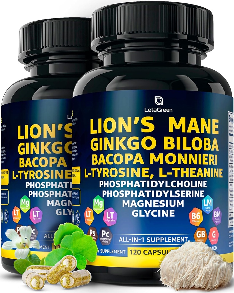 Organik Lions Mane Supplement Capsules - 240 Real Mushrooms Lion's Mane Capsules with Ginkgo Biloba Herb, Bacopa Monnieri, L Theanine, L Tyrosine - Günlük Wellness için Mushroom Kompleks