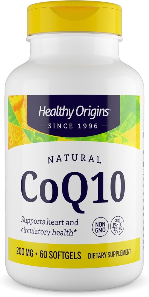 Sağlıklı Origins® CoQ10 200 mg – Doğal Trans-Isomer Ubiquinone – Yeast Fermented, Supports Heart Health & Cellular Energy – Non-GMO 60 Softgels