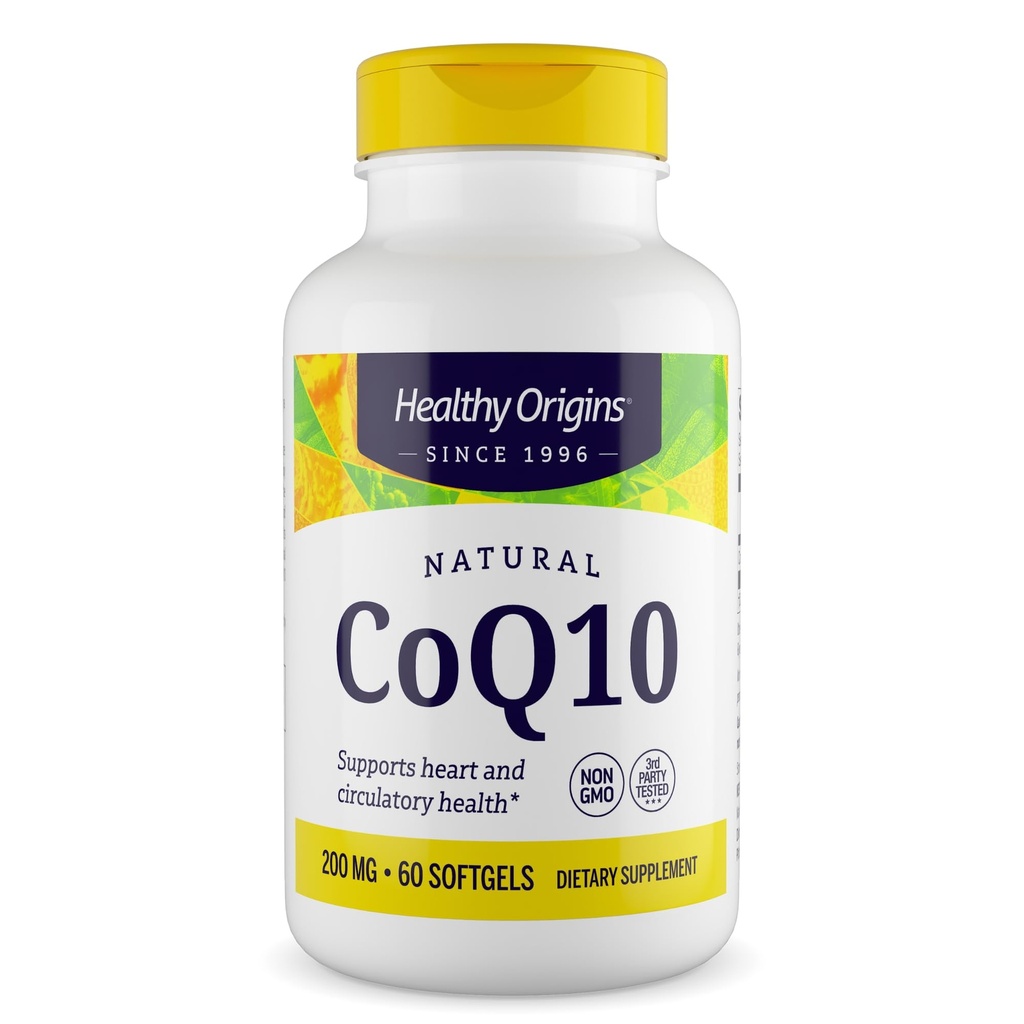 Sağlıklı Origins® CoQ10 200 mg – Doğal Trans-Isomer Ubiquinone – Yeast Fermented, Supports Heart Health & Cellular Energy – Non-GMO 60 Softgels