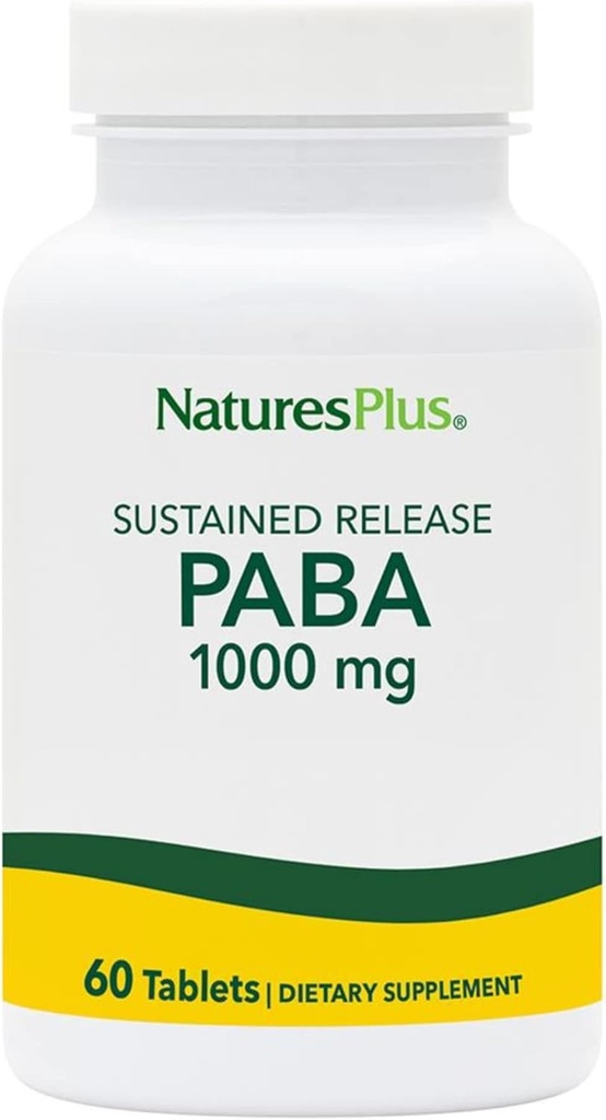 Natures Plus PABA, Sustained release (para-Aminobenzoic Acid) - 1000 mg, 60 Vejetaryen Tabletler - Skin Health Support Supplement, Supports Energy Production - Gluten-Free - 60 Hizmetler