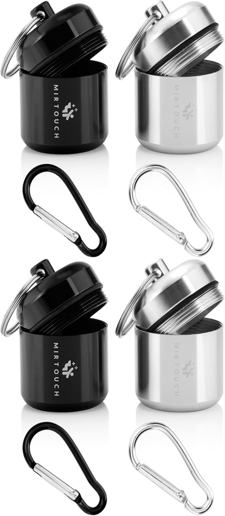 Portreter Fitness Pilllen Case - Discreet Su Mini Pill Konteyner Carrier with Strong Carabiners for Pocket Purse Travel Bag - Alüminyum Alloy Pill Fob Box for Medicine Jewel - 4 Pack