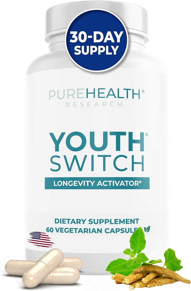 PUREHEALTHTH Gençlik anahtarı - Ashwagandha Extract 600 mg KSM-66 - Longevity Activator - Telomere Supplements - Disrupt & Ters Aging, 1 Şişe - 60 Capsules