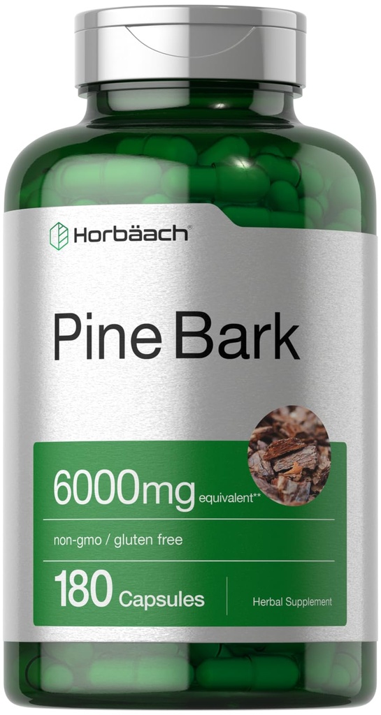 Horbäach Pine Bark Extract | 6000 mg | 180 Capsules | Standardized to Contain %75 Proanthocyanidins | Non-GMO, Gluten Free Supplement | High Potency