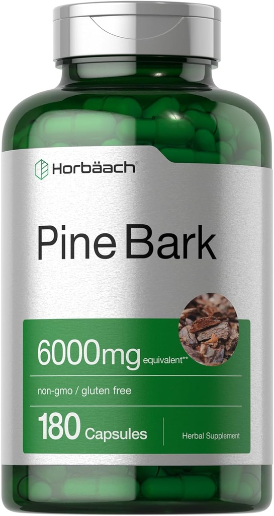 Horbäach Pine Bark Extract | 6000 mg | 180 Capsules | Standardized to Contain %75 Proanthocyanidins | Non-GMO, Gluten Free Supplement | High Potency