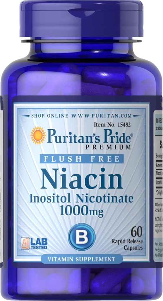 Puritans Pride Flush Free Niacin Inositol Νικοτινικό 1000 Mg- 60 κάψουλες, 60 κόμης