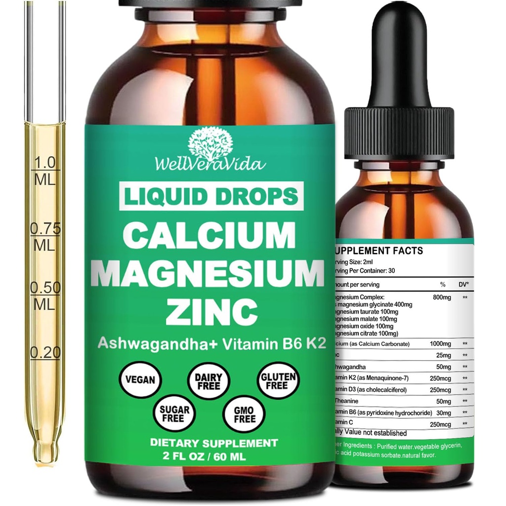 D3 K2 vitamini Vitamini ile kalsiyumlu çinko sıvısı, Yüksek Potency Food Supplement Magnezyum w/Magnesium Kompleksi, çinko, TheanineGGluten Free The for Immune, Bone,Muscle, Mood & Sleep Support