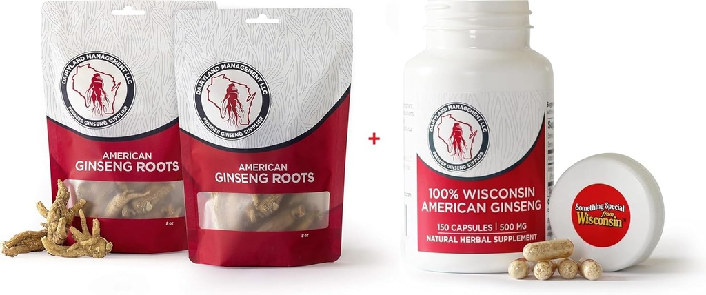 Dairyland American Ginseng Roots 16 oz και κάψουλες 150 ct Πακέτο Wisconsin Ginseng – Απευθείας από τον αγρότη στον καταναλωτή 西洋参