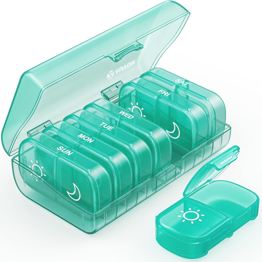 AUVON XL Haftalık Pill Organizer 2 Times a Day, Pill Box 7 Day with One-Side LargeOpens for Easy to Use, Cyan AM PM Pill Case for Drug, Vitamins, Fish Oils, Supplements