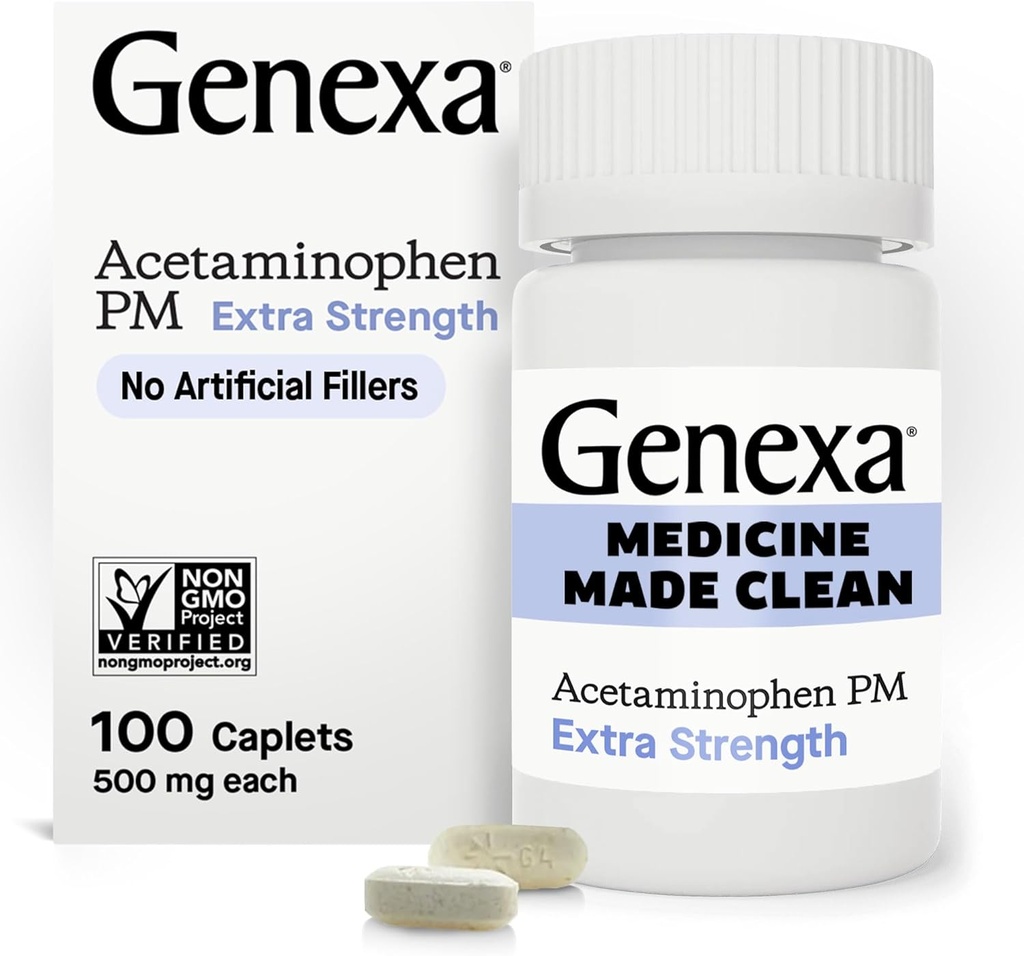 Genexa Clean Acetaminophen PM 500mg Extra Strength, Dye Free Pain Reliever, Nighttime Sleep Aid, Fever Reducer, 0% Τεχνητές Πρόσθετες, Ανακουφίζει Κεφαλαλγία, Πόνος στην πλάτη, Ελαφρύς Αρθρίτιδα, 100 δισκία