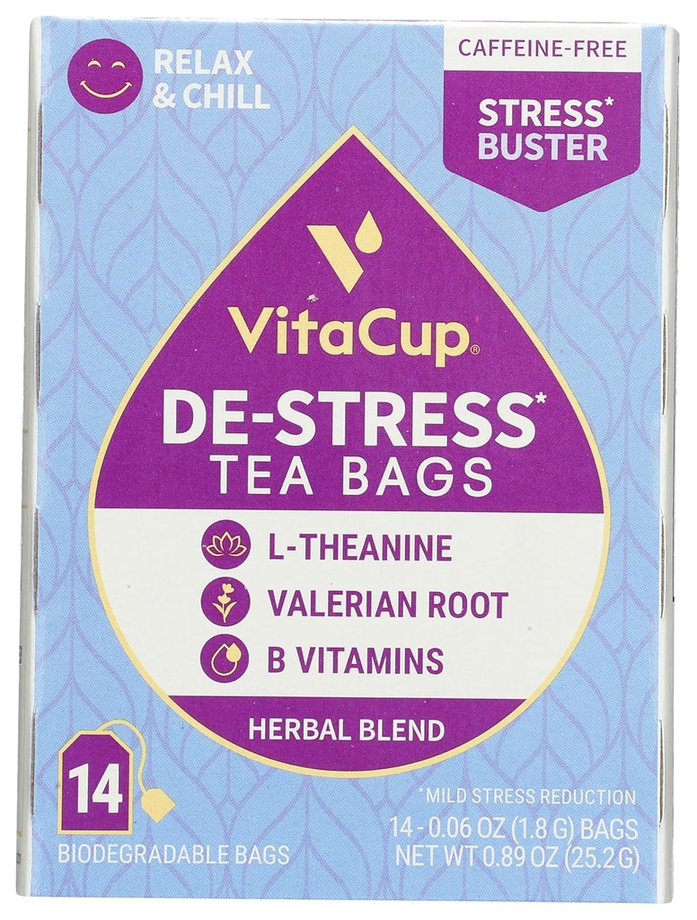 DeStress Herbal Tea Bag Tarafından VitaCup, Relax & Chill w/Chamomile, L-Theanine, Valerian Root & B Vitamins, Caffeine Free Single Serve Wellness Tea Sachet Bag, 14 ct