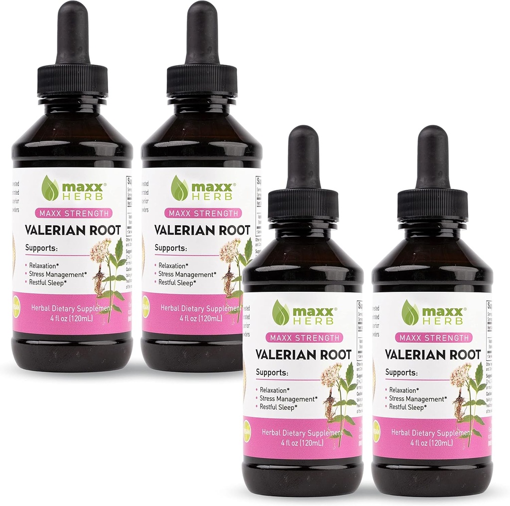 Maxx Herb Valerian Root Extract - Max Strength, Liquid Valerian Root Absorbs Better than Capsules, for Relaxation and Restful Sleep, Alcohol-Free - 4 Μπουκάλια, 4 Oz Κάθε (240 Servings)