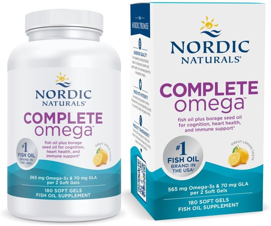 Nordic Naturals Complete Omega, Lemon Flavor - 180 Soft Gels - 565 mg Omega-3 - EPA & DHA με Προστιθέμενη GLA - Υγιεινή επιδερμίδα, Γνωστική, & Θετική διάθεση - Μη-GMO - 90 Υπηρεσίες
