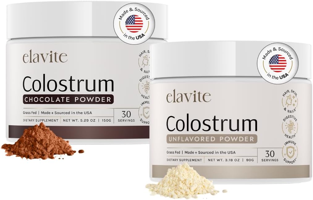 Bovine Colostrum Powder (60 Servings) Bundle Grass Fed Colostrum for Women & Men - Συμπλήρωμα για υγιή μαλλιά, δέρμα & νύχια - Σοκολάτα & Χωρίς γεύση - Made in USA
