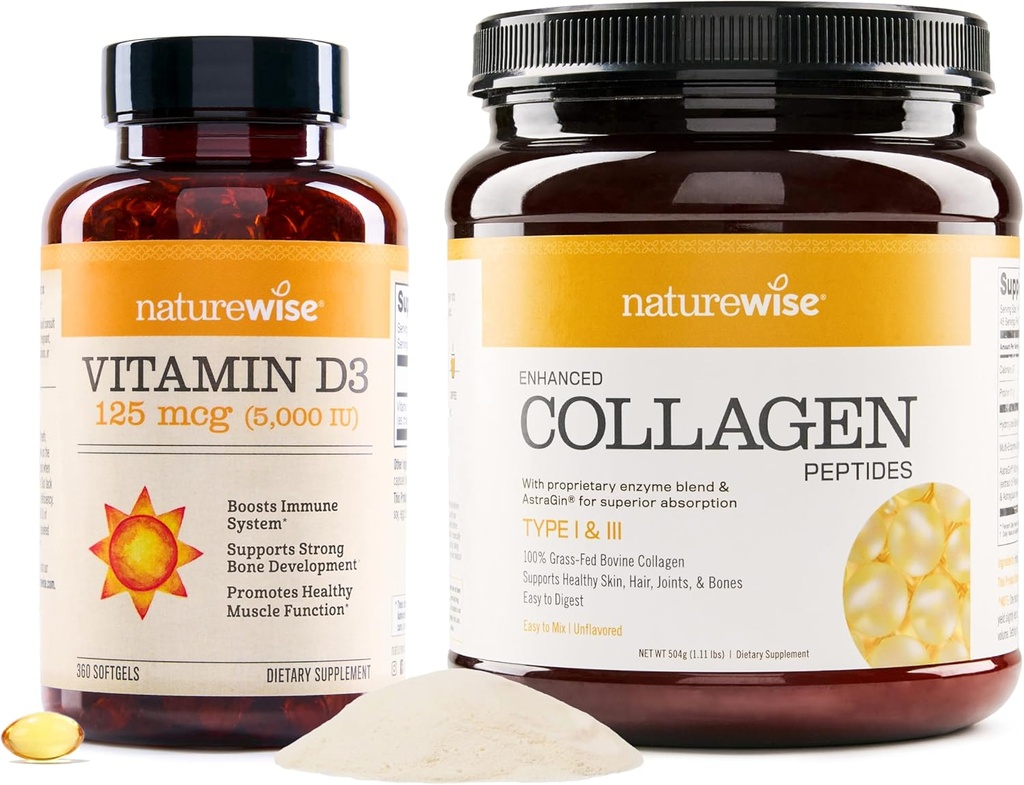 NatureWise Vitamin D3 5000iu (125 mcg) 1 Yıl Sağlıklı Kas Fonksiyonları Geliştirilen Collagen Peptides (45 Hizmet) - Hydrolyzed Type I & III