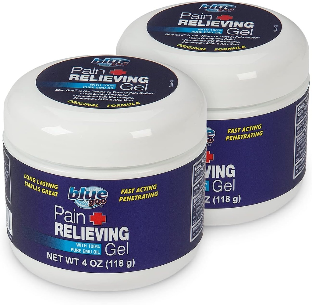 Blue Goo Pain Relieving Gel – for Back, Neck, Muscle and Joint Pain, Fast-Acting Cooling and Soothing Relief with 100% Pure Emu Oil, 4 oz (2 Pack)