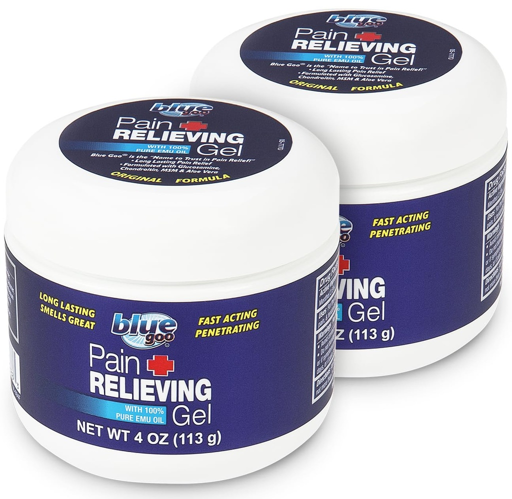 Blue Goo Pain Relieving Gel – for Back, Neck, Muscle and Joint Pain, Fast-Acting Cooling and Soothing Relief with 100% Pure Emu Oil, 4 oz (2 Pack)