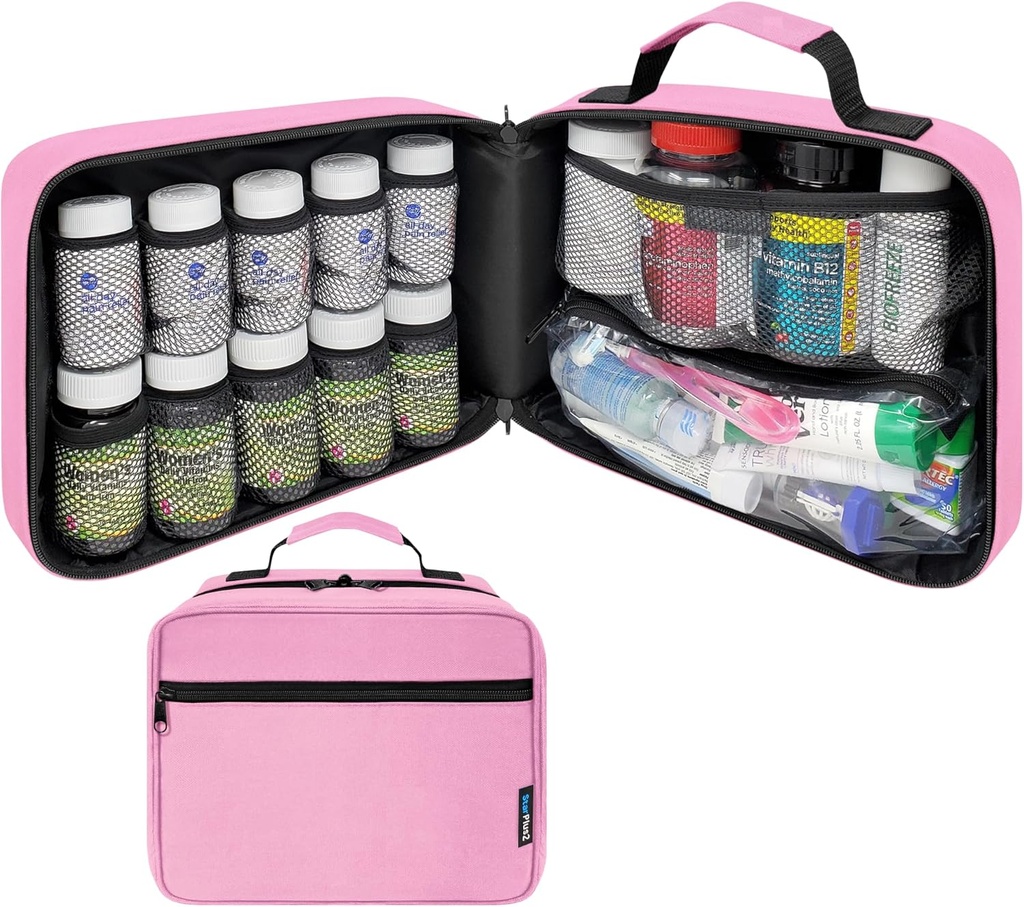 Μεγάλες Padded μπουκάλι Organizer, τσάντα ιατρικής, περίπτωση, φορέας για φάρμακα, βιταμίνες, και Ιατρικές προμήθειες - Travel Medicine Organizer και Home Αποθήκευση Med τσάντα - ροζ (χωρίς κλειδαριά)