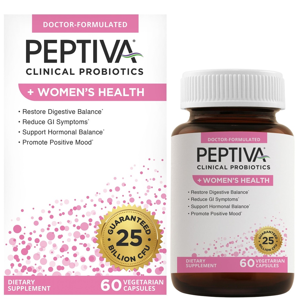Peptiva Probiotics for Women's Health - Γυναικεία Προβιοτική και Πειθιστική Υποστήριξη, 25 δισεκατομμύρια CFU, Πολυ- Στραγγιστικά Προβιοτικά, Lactobacillus Acidophilus, Bifidobacterium - 60 Χορτοφαγικά Κάψουλες