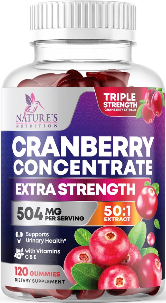 Cranberry Gummies 50:1 Cranberry Extract - Ουροκολλητική υποστήριξη Made with 25,000mg, Helps Cleanse & Protect, Cran Berry Gummy συμπλήρωμα + βιταμίνη C, Μασώμενα χάπια Cran για γυναίκες - 120 Gummies