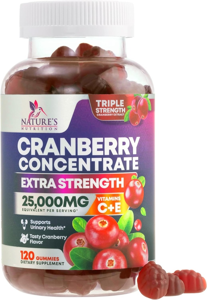 Cranberry Gummies 50:1 Cranberry Extract - Ουροκολλητική υποστήριξη Made with 25,000mg, Helps Cleanse & Protect, Cran Berry Gummy συμπλήρωμα + βιταμίνη C, Μασώμενα χάπια Cran για γυναίκες - 120 Gummies