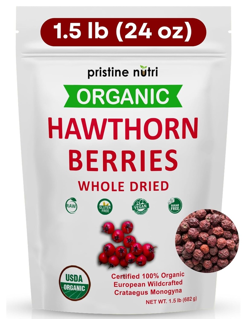 1.5 lbs (24 oz)% 100 Organik Hawthornges Kuru | Hawthorn Berry Çay | Avrupa Wildcraftedisi | Kalp Desteği için Sağlık Çayı, Kan basıncı ve Stres Yardımı (paralama değişebilir)