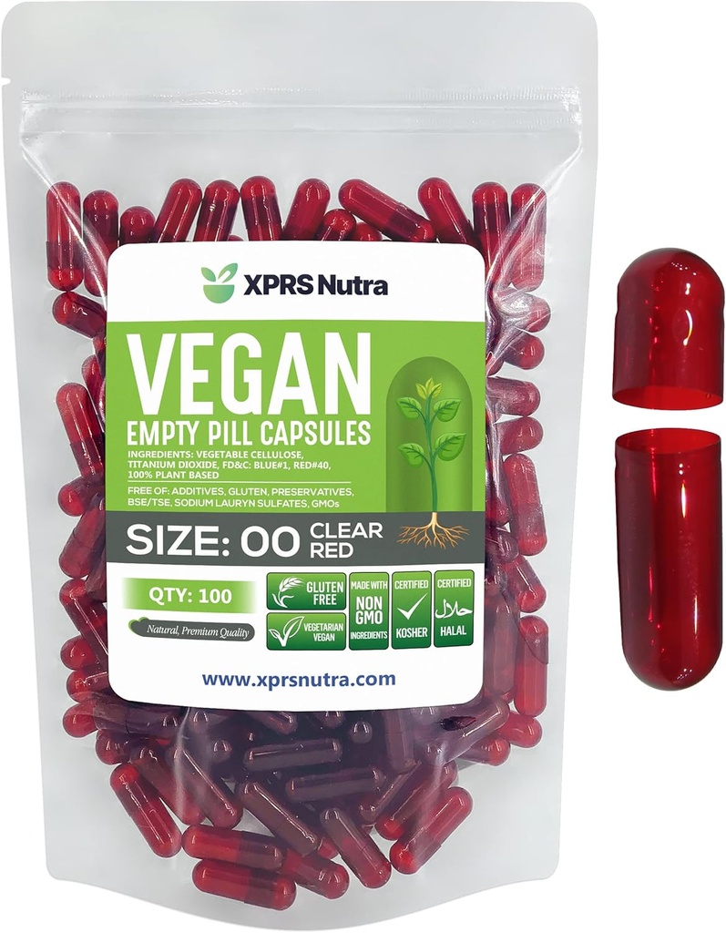 XPRS Nutra Size 00 Empty Capsules - 100 Count Empty Vegan Capsules - Vegetarian Empty Pills - DIY Vegetable Capsule Filling- Veggie Pill Caps (Clear Red)