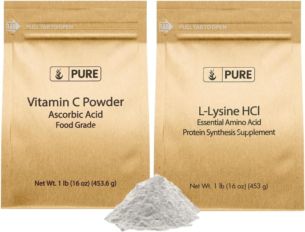 ΣΥΣΚΕΥΑΣΙΕΣ L-Lysine HCI και Vitamn C σκόνη Bundle, 1 lb Κάθε, μη-GMO, χωρίς γλουτένη, συμπληρώματα διατροφής
