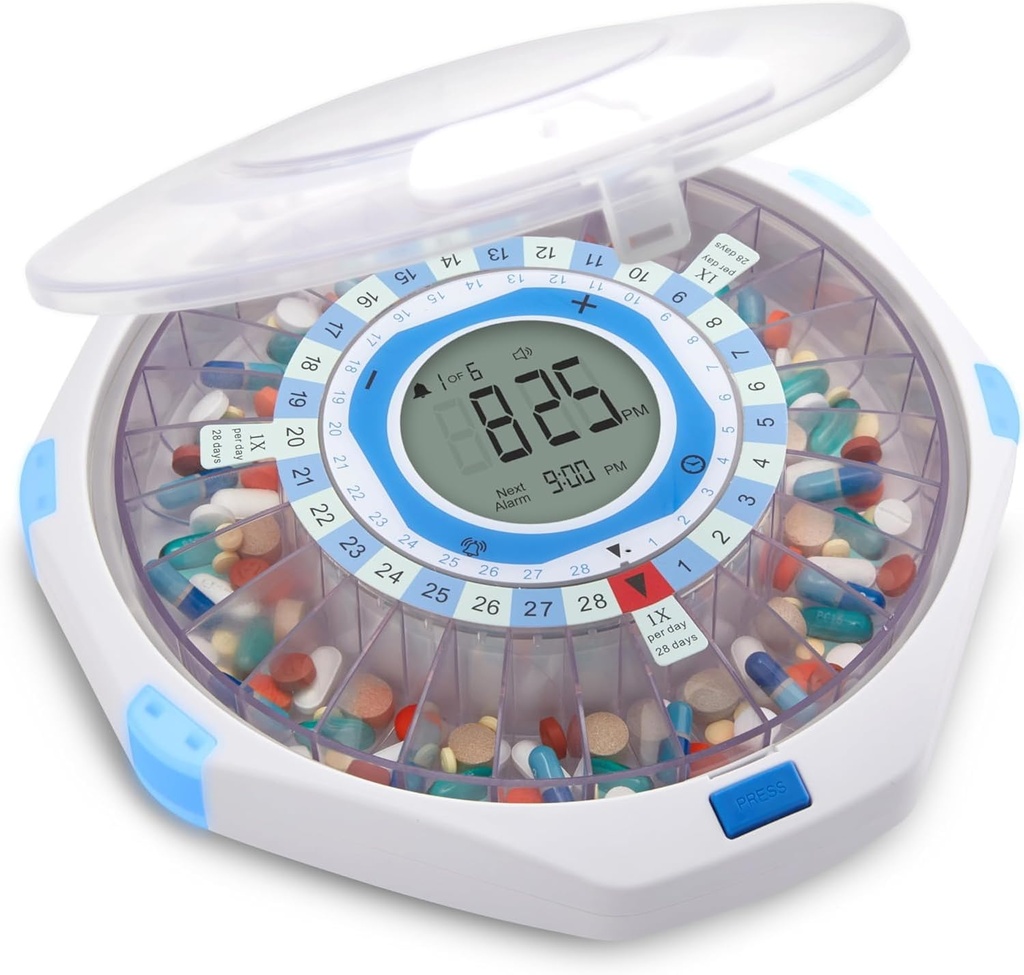 LiveFine WiFi Otomatik Pill yapıştırıcısı ve Uzak İlaç İzleme Sistemi Locking Key, 28 Günlük İlaç Organize 9 Dos Per, Ayarlanabilir Işık / Açık Alarmlar Prescriptions & Vitami