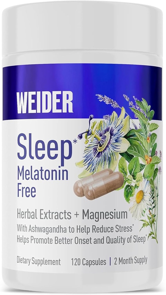 Melatonin Free Sleep Aid Supplement with KSM-66 Ashwagandha, Magnezyum, Lavender, Lemon Balm, Chamomile, Valerian ve Passionflower Ekstraksiyonları, Hormon & Drug- Free, Non-Habit Form, 120ct