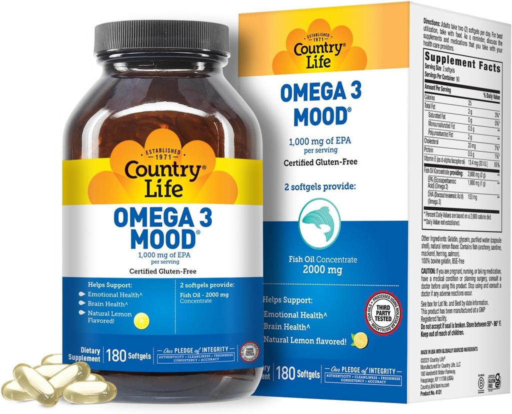 Country Life Omega 3 Fish Oil Supplement - High Concentration EPA ve DHA Omega 3 Fatty Acids - 2000 mg Fish Oil for Duygusal Health, Mood Support, and No Fish Taste - Natural Lemon Flavor