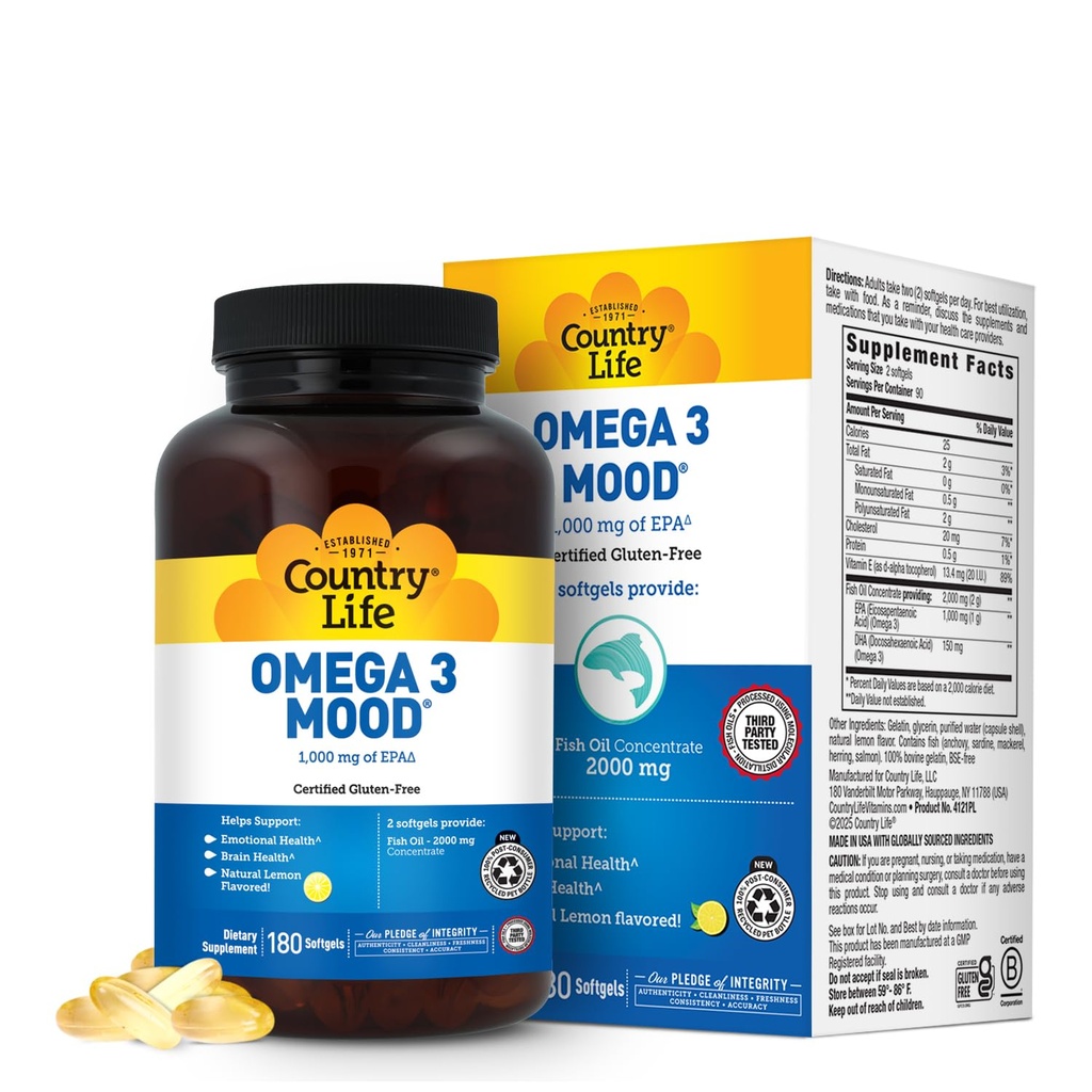 Country Life Omega 3 Fish Oil Supplement - High Concentration EPA ve DHA Omega 3 Fatty Acids - 2000 mg Fish Oil for Duygusal Health, Mood Support, and No Fish Taste - Natural Lemon Flavor