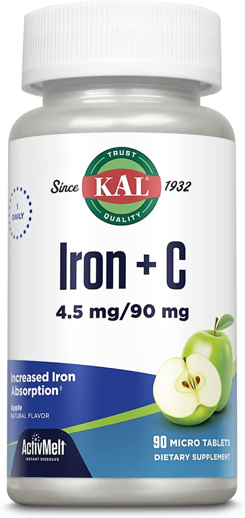 KAL Iron C, 90 Tabletler, 4.5 mg/90 mg, Doğal Apple Flavor, Artan Abpsiyon Demir Pills, Immune Support
