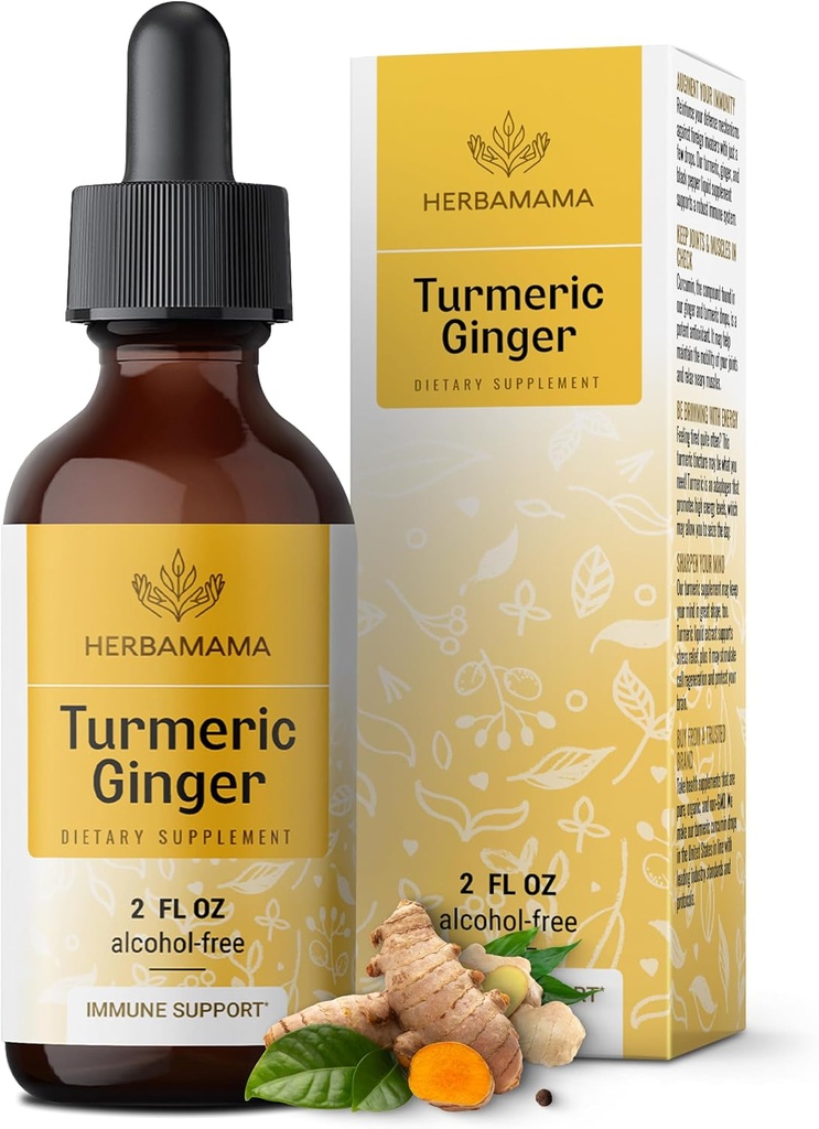 HERBAMAMA Turmeric Curcumin and Ginger Supplement - Vegan Immune Blend με Liquid Ginger Root, Turmeric & Black Pepper Extract - Μη ΓΤΟ, Αλκοόλ & Χωρίς Ζάχαρη Ασυλία