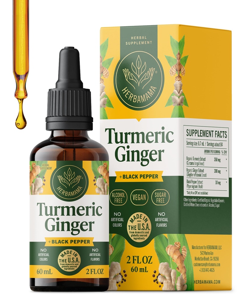 HERBAMAMA Turmeric Curcumin ve Ginger Supplement - Vegan Immune Mix with Liquid Ginger Root,Turmeric & Black Pepper Extract - Non-GMO, Alkol & Sugar-Free Immunity Drops