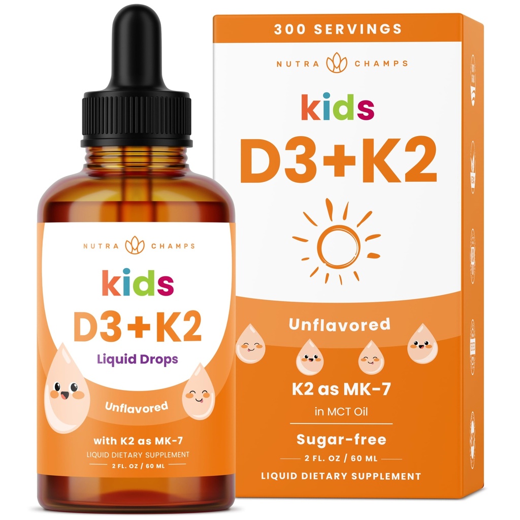 NutraChamps Kids D 3 K2 Drops, Vitamin D3 & K2 MK-7, Çocuklar için Sıvı Vitamin D 1000 IU, Sağlıklı Bones, Heart & Immune System, Sugar Free Supplement for Toddler, 300 Servisler