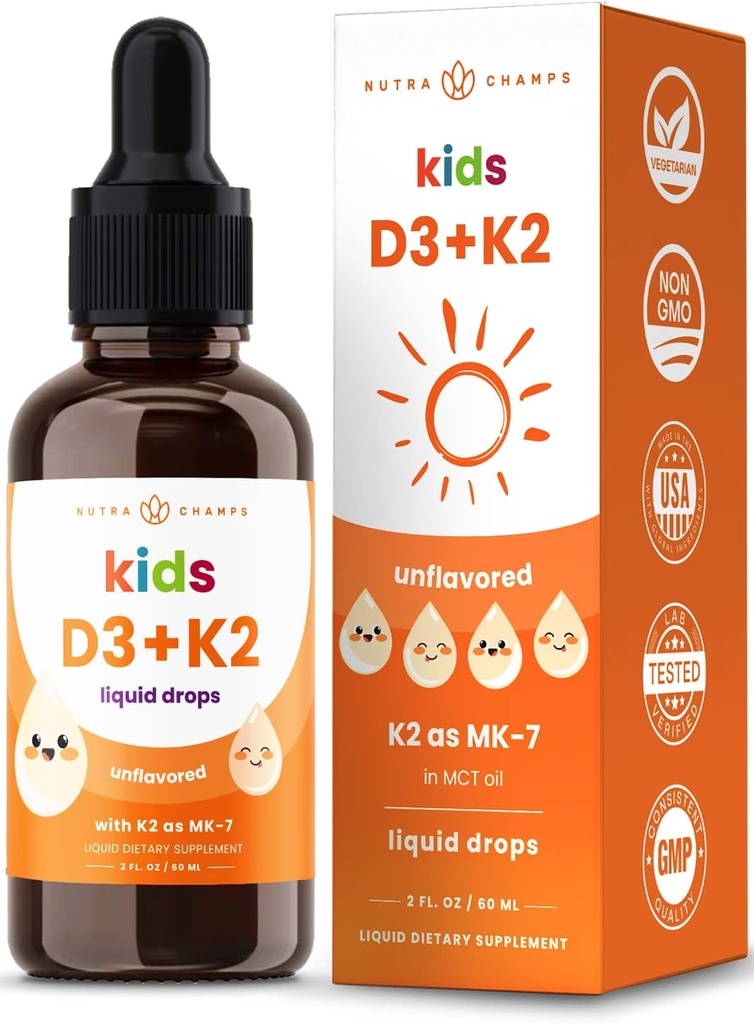 NutraChamps Kids D 3 K2 Drops, Vitamin D3 & K2 MK-7, Çocuklar için Sıvı Vitamin D 1000 IU, Sağlıklı Bones, Heart & Immune System, Sugar Free Supplement for Toddler, 300 Servisler