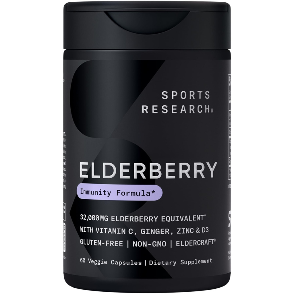 Sports Research Black Elderberry with çinko, Vitamin C, & Vitamin D, Immune Support Supplement for Yetişkinler, 60 Capsules