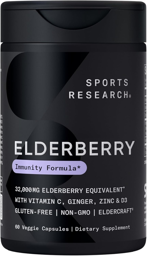 Sports Research Black Elderberry with çinko, Vitamin C, & Vitamin D, Immune Support Supplement for Yetişkinler, 60 Capsules