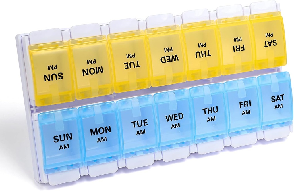 Sukuos AM PM Weekly Pill Organizer 7 Day, 2 Times A Day Medicine Pill Box with Easy Push Düğme, BPA Free Vitamin Cases for Fish Oil /Supplements, Easy to Clean (Yellow & Blue)