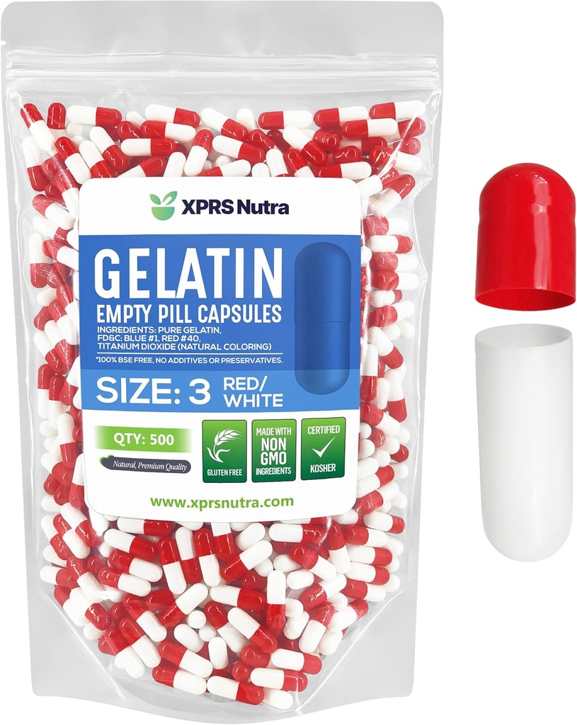 XPRS Nutra Μέγεθος 3 Κενές κάψουλες - 500 Count Empty Gelatin Κάψουλες - Χάπια DIY Καψάκιο Γέμισμα - Pure Bovine Pill Gel Caps for Do-It-Yourself Συμπληρώματα (Red/White)