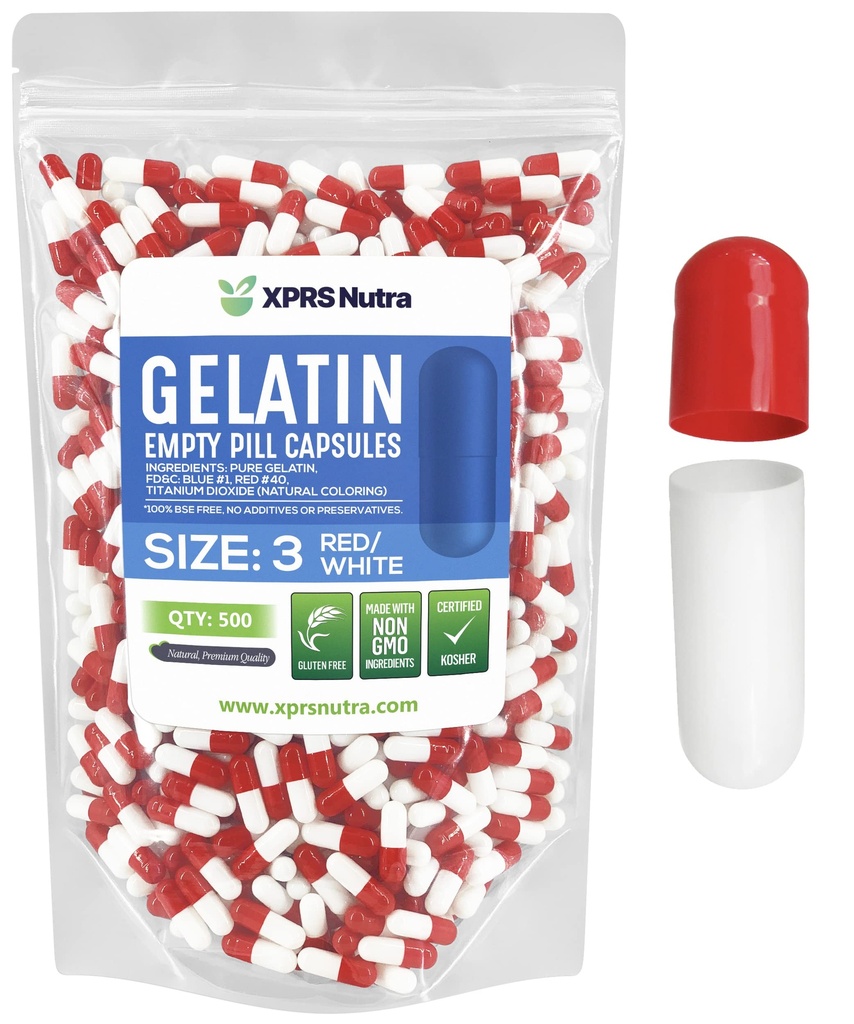 XPRS Nutra Μέγεθος 3 Κενές κάψουλες - 500 Count Empty Gelatin Κάψουλες - Χάπια DIY Καψάκιο Γέμισμα - Pure Bovine Pill Gel Caps for Do-It-Yourself Συμπληρώματα (Red/White)