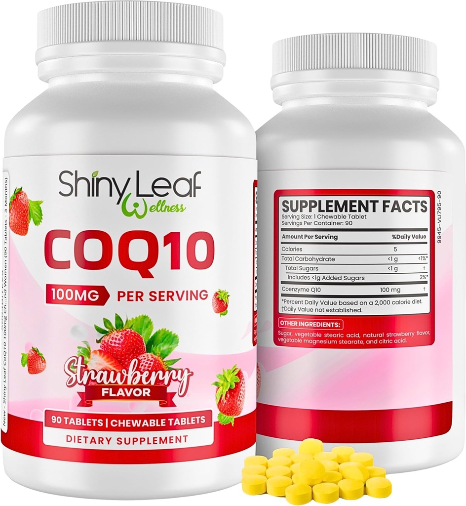 Shiny Leaf CoQ10 100mg - Chewable CoQ10 Supplement - Συνένζυμο Q10 για την Υγεία της Καρδιάς & Ενέργειας - Φυσικό Co Q 10 Συμπλήρωμα για την Καρδιαγγειακή Ευεξία - 100mg Μασώμενα Δισκία, 90 δισκία, Κατασκευασμένο στις ΗΠΑ