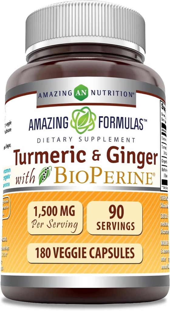 Amazing Formulas Turmeric Curcumin & Ginger with BioPerine Supplement | 1500 Mg Per | 180 Veggie Capsules | Non-GMO | Gluten Free | Made in USA | Ideal for Vegetarians