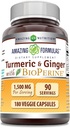 Amazing Formulas Turmeric Curcumin & Ginger with BioPerine Supplement | 1500 Mg Per | 180 Veggie Capsules | Non-GMO | Gluten Free | Made in USA | Ideal for Vegetarians