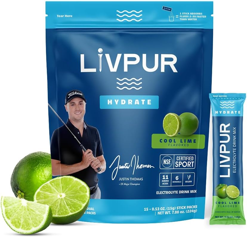 LivPur Electrolyte Drink Mix, Instant Hydration Toz C, B6, B12 & Essential Platinum Health, Sports Essentials, Cool Lime Flavor, 15 Stick Packs