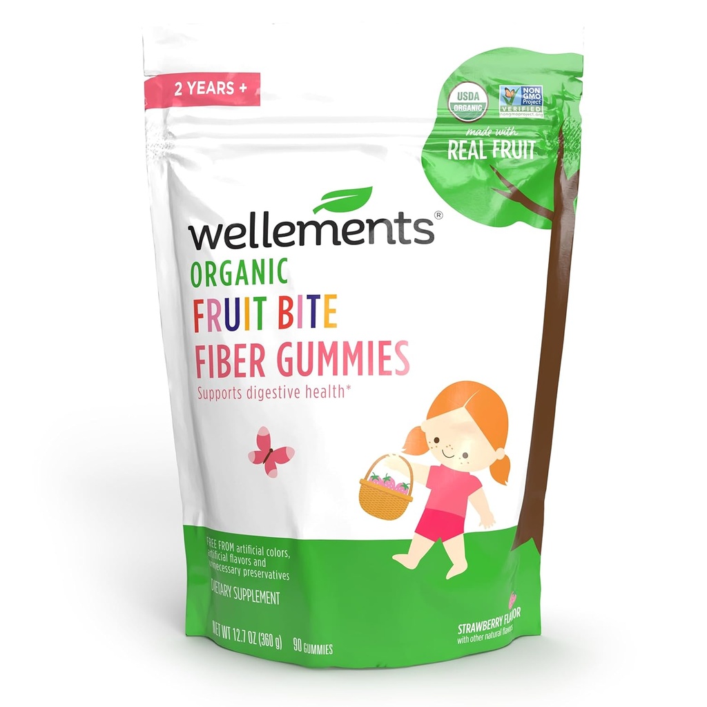 Wellements Organic Fiber Meyve Bite Gummies | Destekler Çocuklar ve Toddler Digestive Health* | Made w/REAL FRUIT | 3g Fiber Per | Yummy Strawberry Flavor | 2+